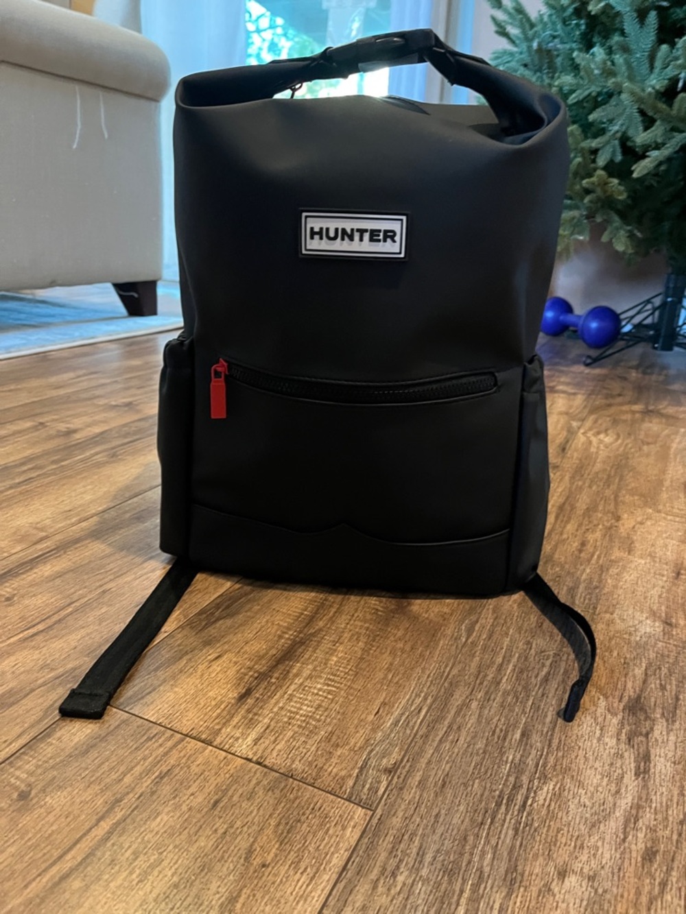 Hunter Matte Black Roll-Top Backpack with Red Zip Pull